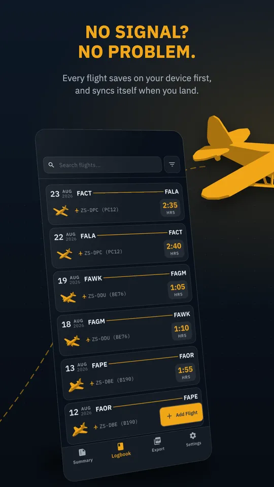 Logbook screen listing recent flights with routes, aircraft and times, under the headline “No signal? No problem.”