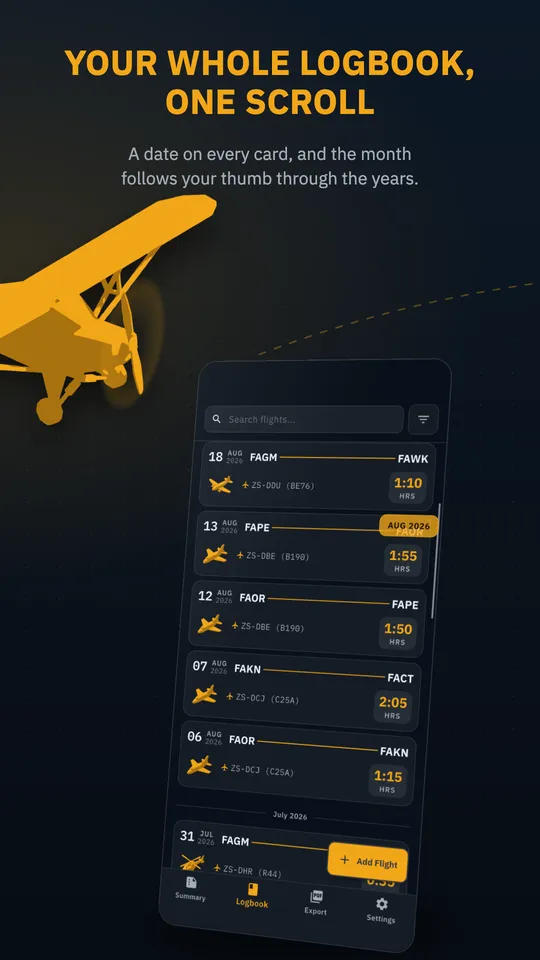 Tarmac Log logbook screen: a scrolling list of flight cards, each with a date, route, aircraft registration and flight time in hours and minutes.
