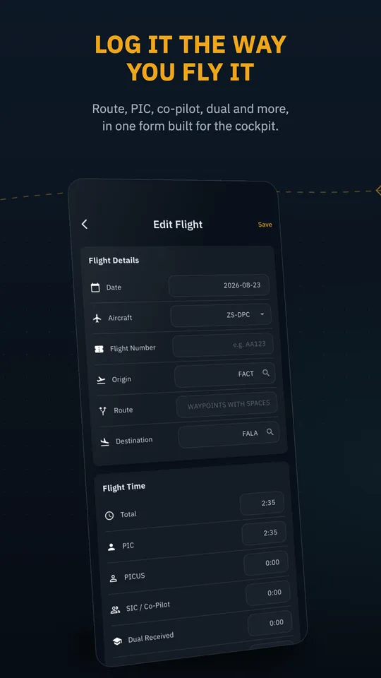 Edit Flight form with date, aircraft, flight number, origin, route and destination fields, and flight time fields for total, PIC, PICUS, co-pilot and dual.
