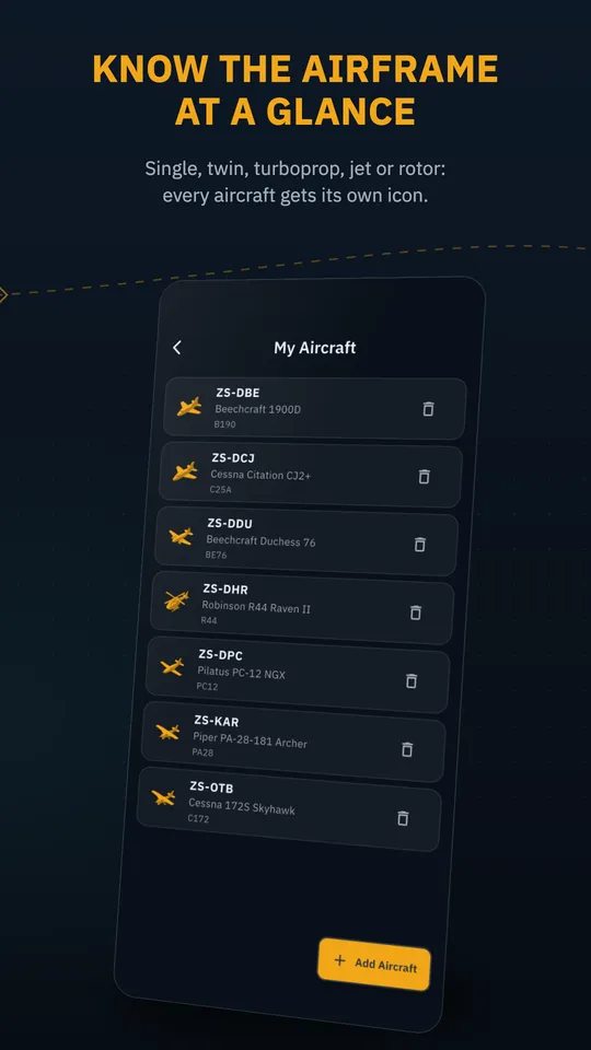 My Aircraft list showing each registration and type next to a low-poly icon of a single, twin, turboprop, jet or helicopter.