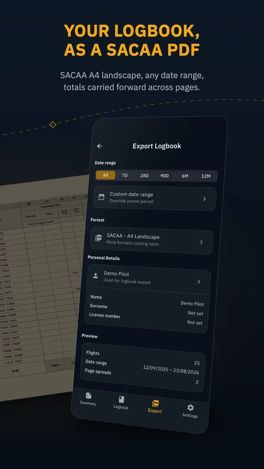 Export Logbook screen with a date range, the SACAA A4 landscape format and a preview, next to a page of the exported PDF logbook.